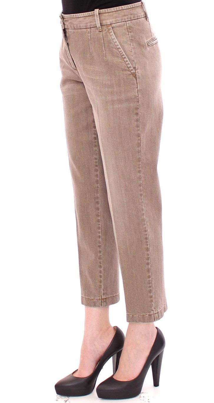 Beige Cotton Cropped Chinos Jeans Pants