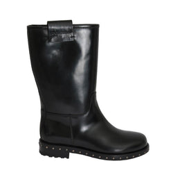 Black Leather Mid-Calf Logo Boots