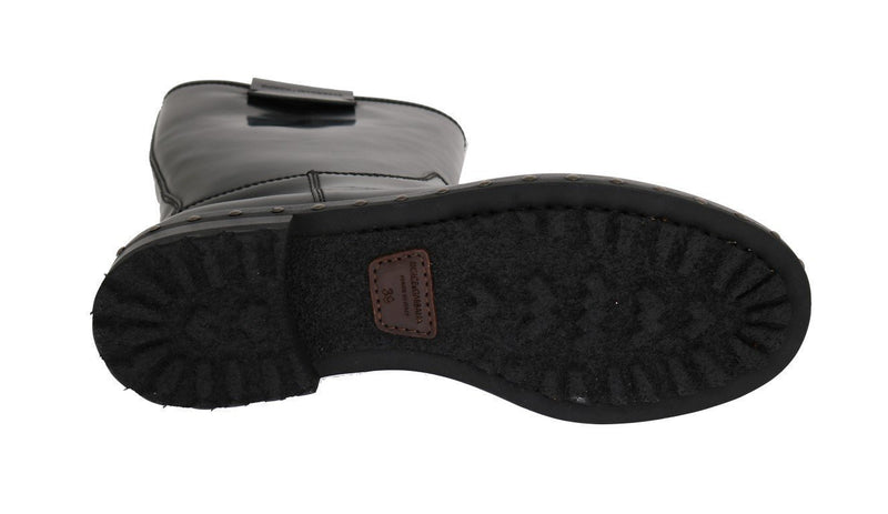 Black Leather Mid-Calf Logo Boots