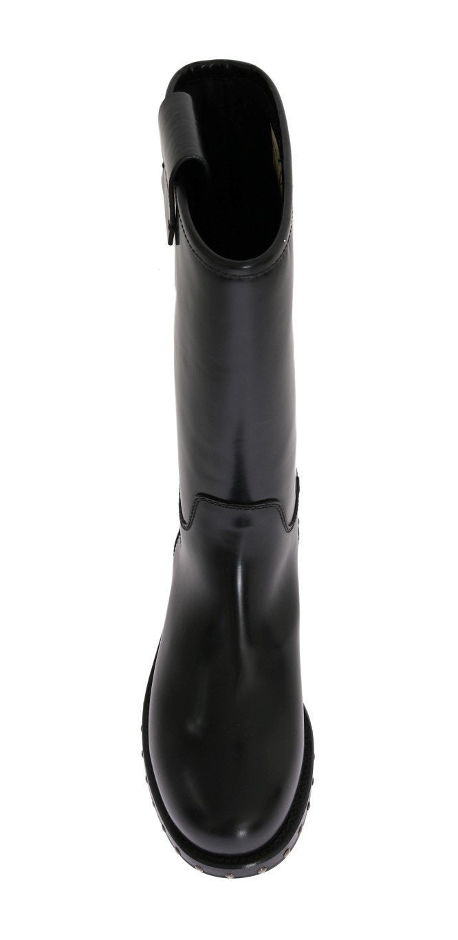 Black Leather Mid-Calf Logo Boots
