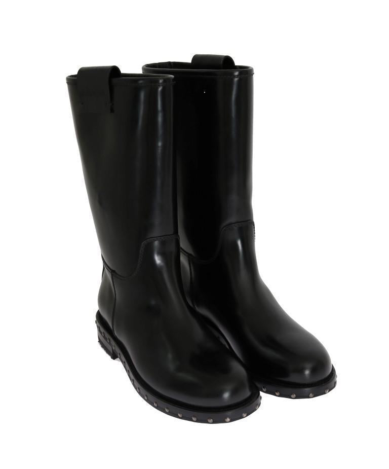 Black Leather Mid-Calf Logo Boots