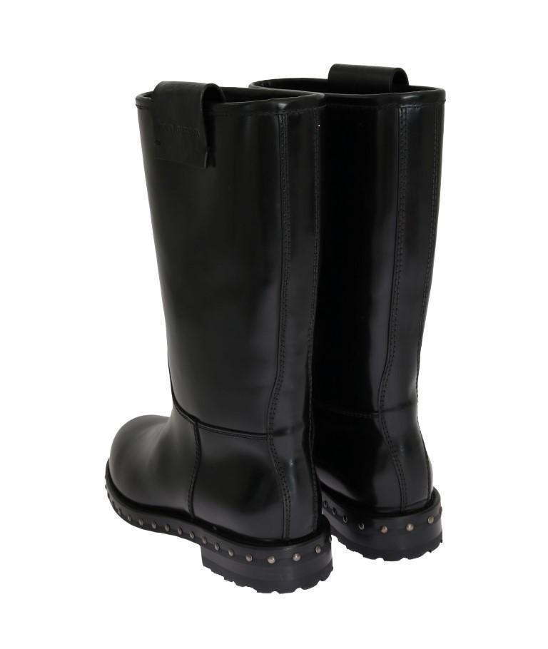 Black Leather Mid-Calf Logo Boots