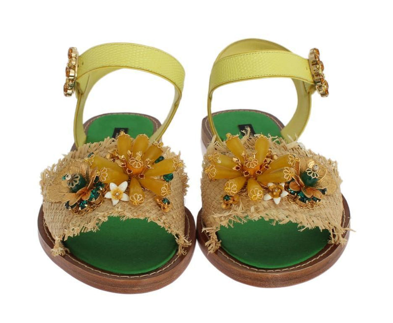 Yellow Leather Crystal Paglia Sandals
