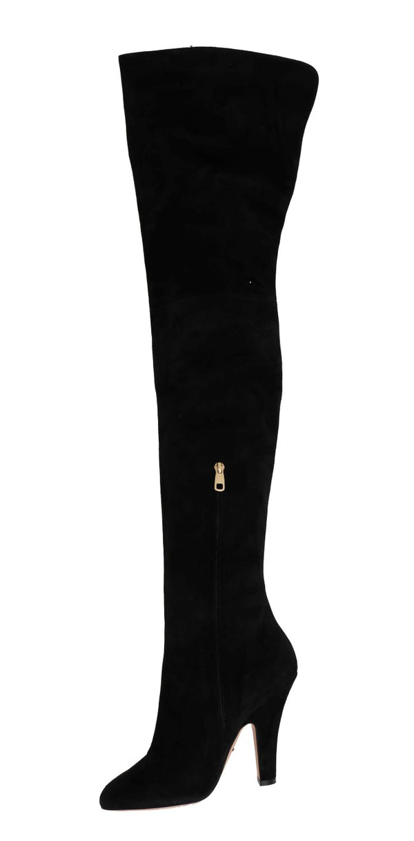 Black Suede Leather Over Knee Boots