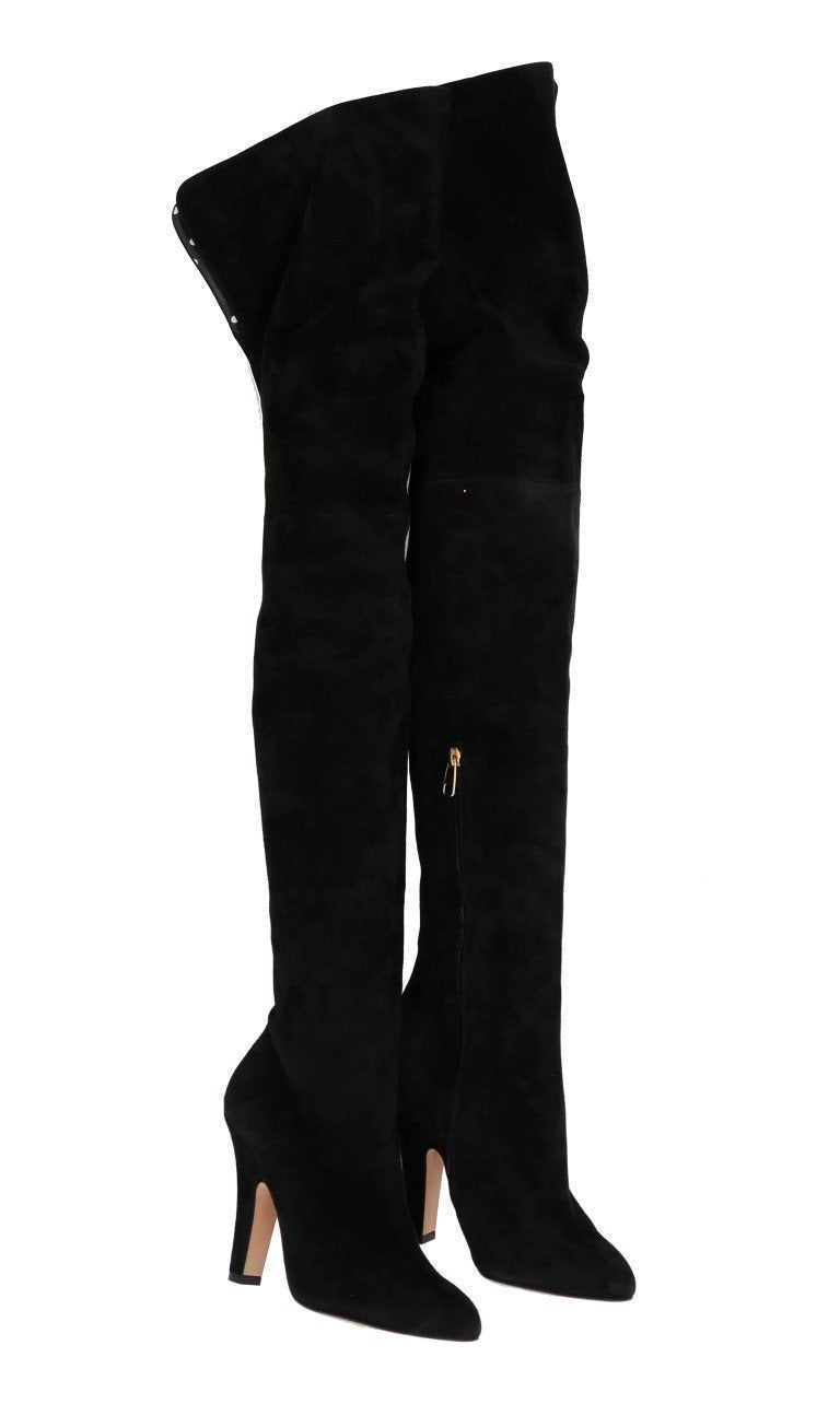 Black Suede Leather Over Knee Boots