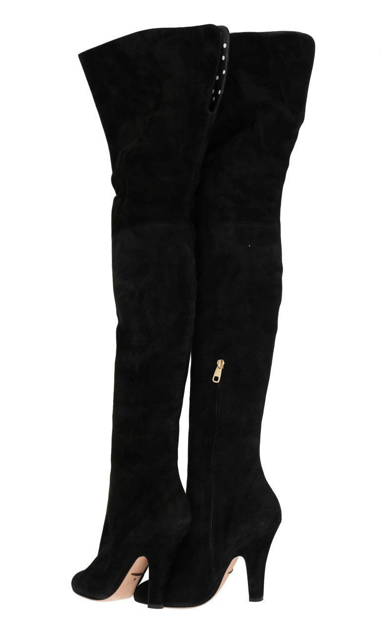 Black Suede Leather Over Knee Boots