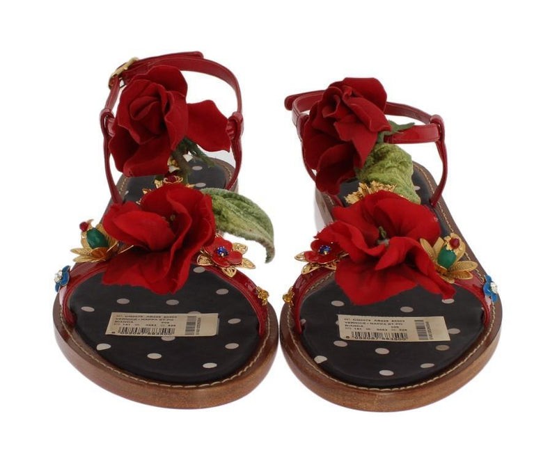 Red Leather Roses Crystal Sandals