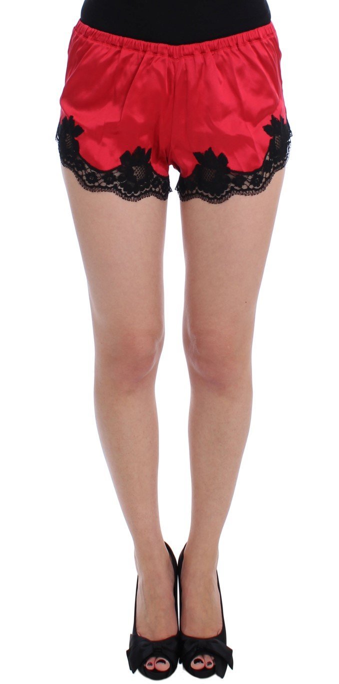 Red Silk Stretch Black Lace Lingerie Shorts
