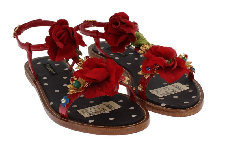 Red Leather Roses Crystal Sandals