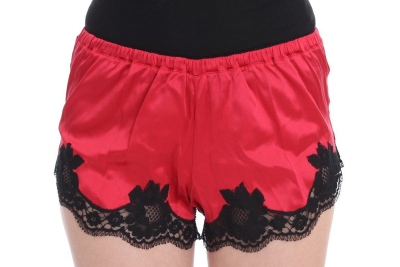 Red Silk Stretch Black Lace Lingerie Shorts