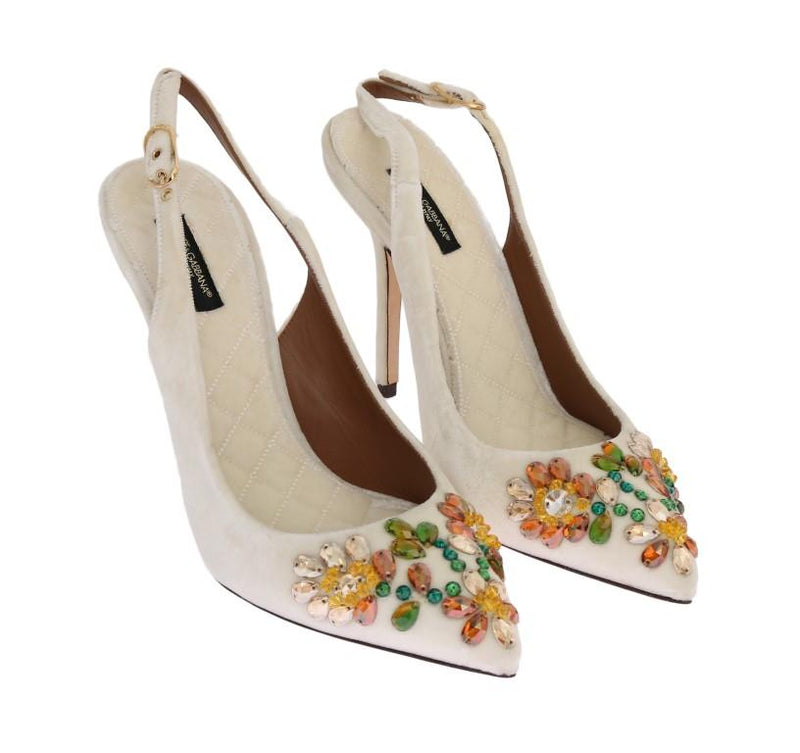White Velvet Crystal Slingback Shoes