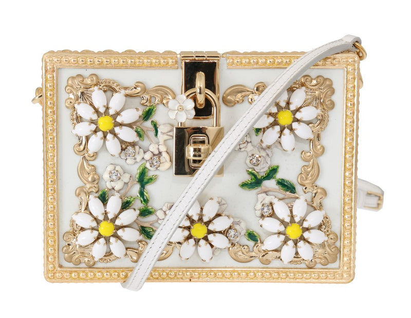 Gold Daisy Crystal White Leather Bag