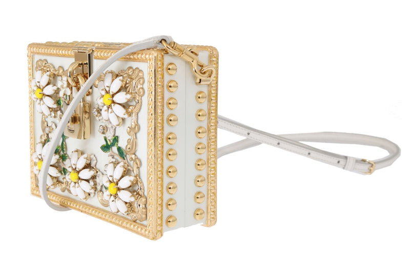 Gold Daisy Crystal White Leather Bag