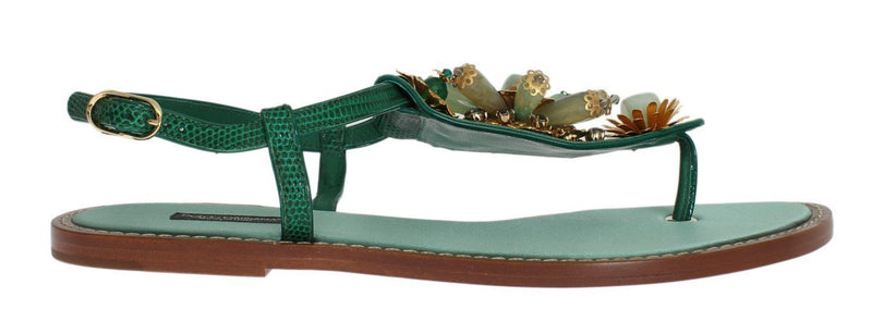 Green Leather Crystal Sandals