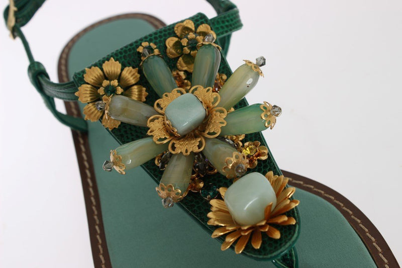 Green Leather Crystal Sandals