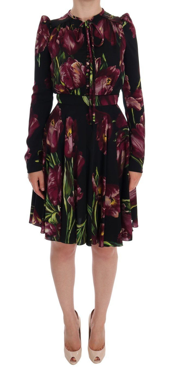 Black Silk Stretch Purple Tulip Sheath Dress