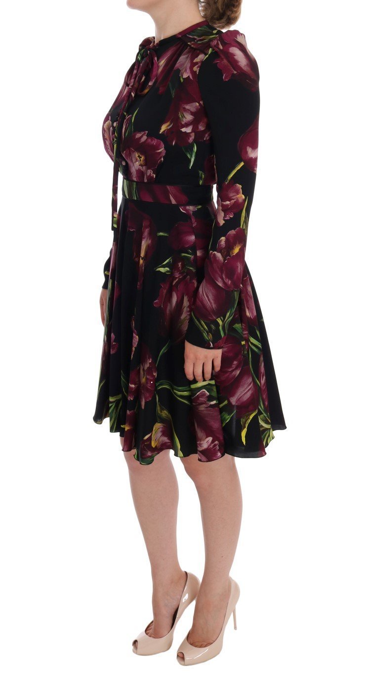 Black Silk Stretch Purple Tulip Sheath Dress