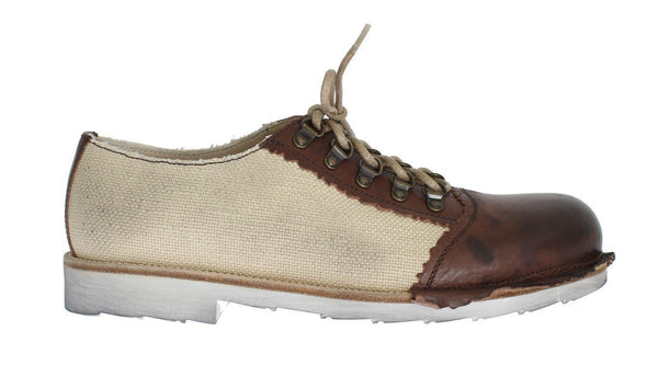 Brown Leather Beige Linen Derby Shoes