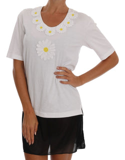 White Cotton Daisy Embroidered T-shirt