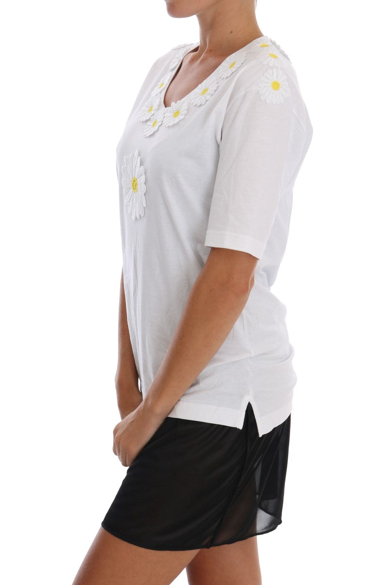White Cotton Daisy Embroidered T-shirt