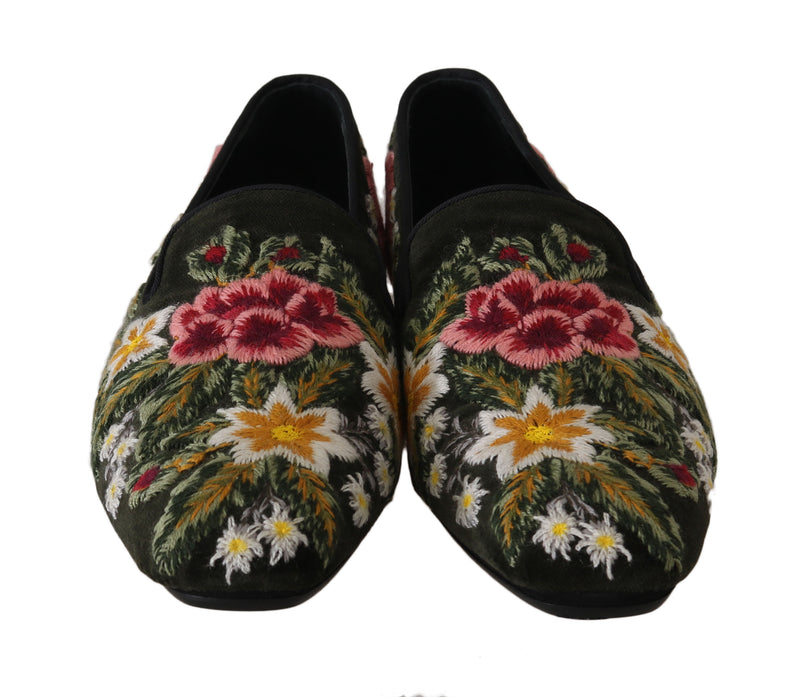 Green Velvet Ricamo Floral Loafers