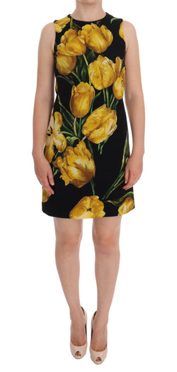 Black Yellow Tulip Print Wool Shift Dress