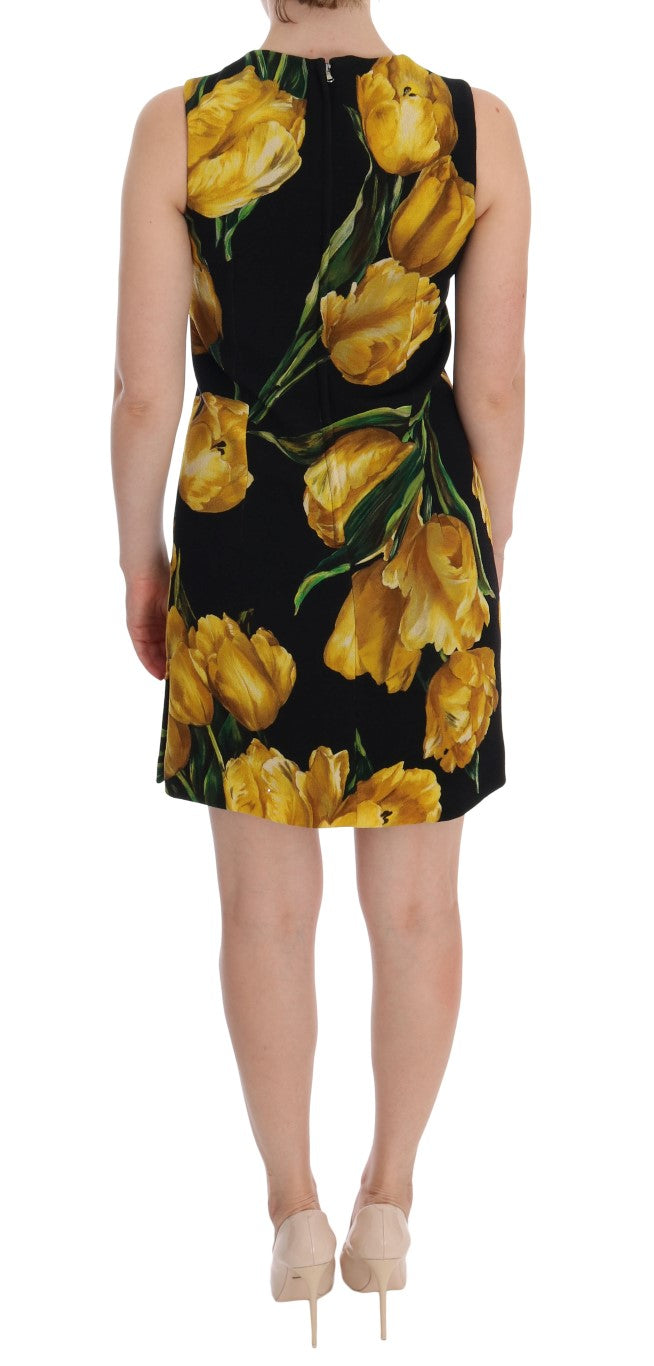 Black Yellow Tulip Print Wool Shift Dress