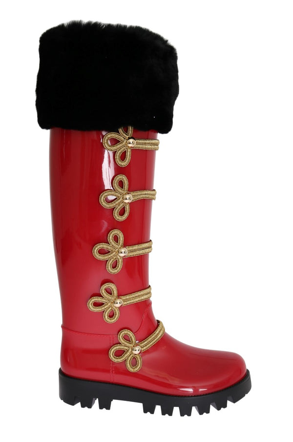 Red Gold Fur Rubber Rain Boots