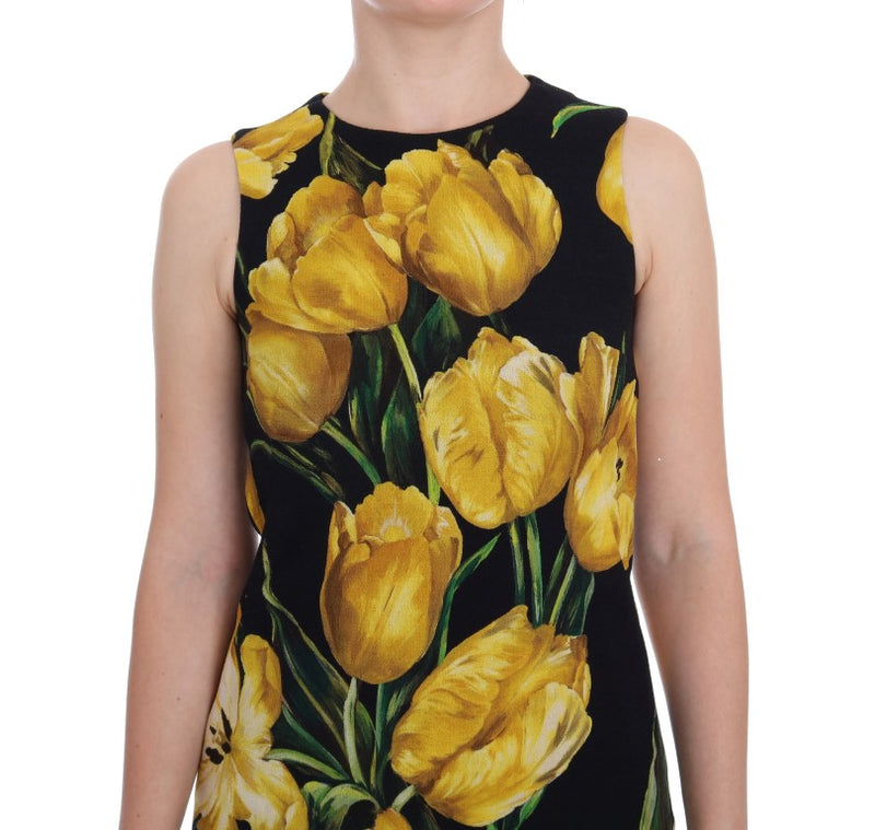 Black Yellow Tulip Print Wool Shift Dress