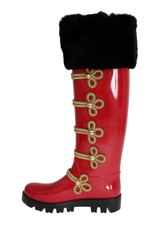Red Gold Fur Rubber Rain Boots