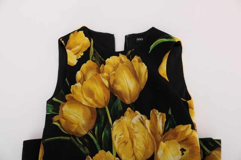 Black Yellow Tulip Print Wool Shift Dress