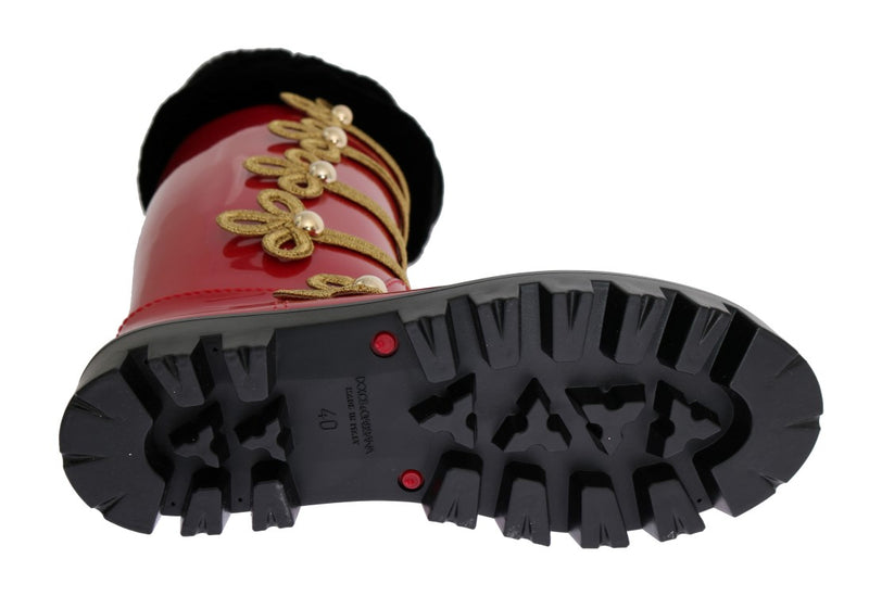 Red Gold Fur Rubber Rain Boots
