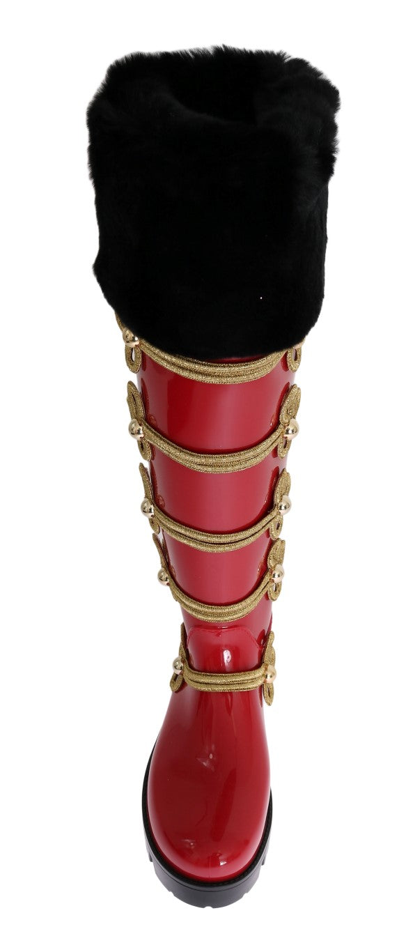 Red Gold Fur Rubber Rain Boots
