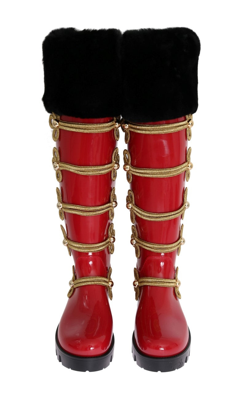 Red Gold Fur Rubber Rain Boots