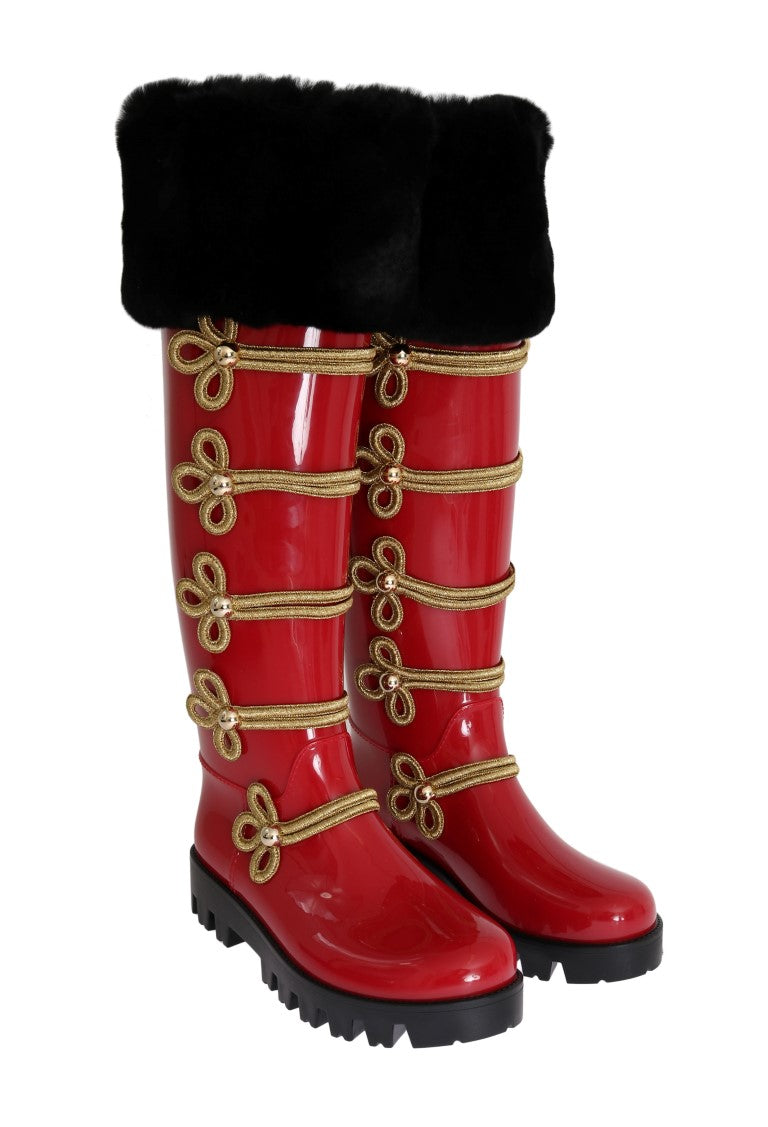 Red Gold Fur Rubber Rain Boots