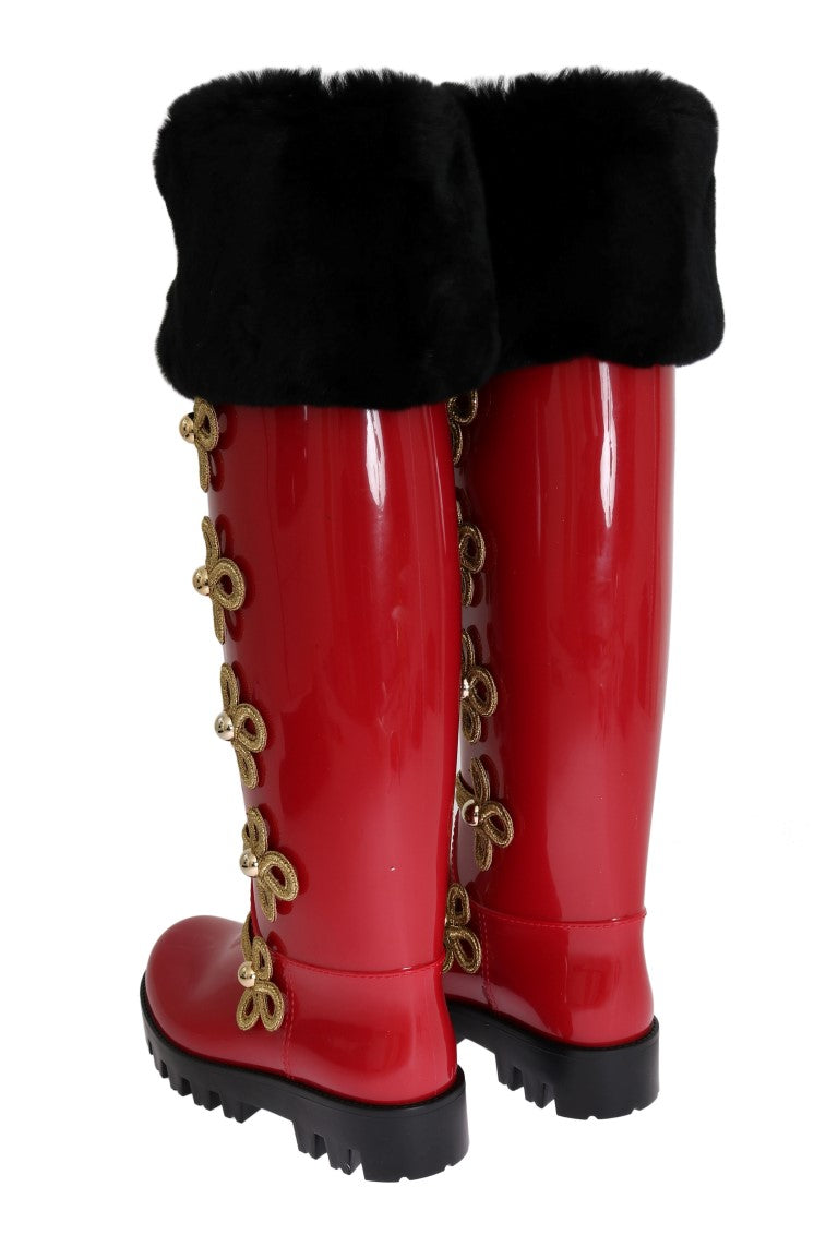 Red Gold Fur Rubber Rain Boots