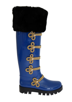 Blue Gold Fur Rubber Rain Boots