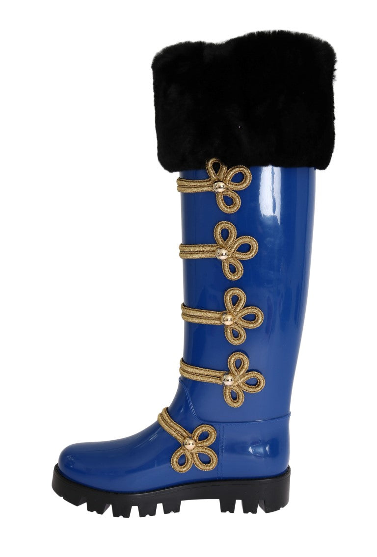 Blue Gold Fur Rubber Rain Boots