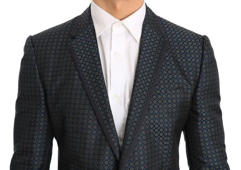Blue Pattern Silk Slim Fit Blazer Jacket