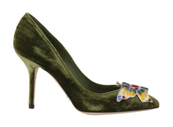 Green Velvet Crystal Butterfly Pumps