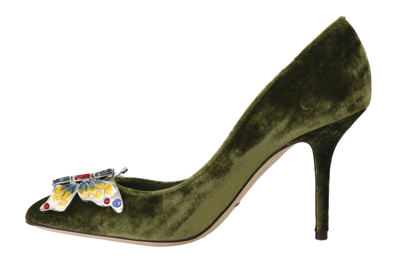 Green Velvet Crystal Butterfly Pumps