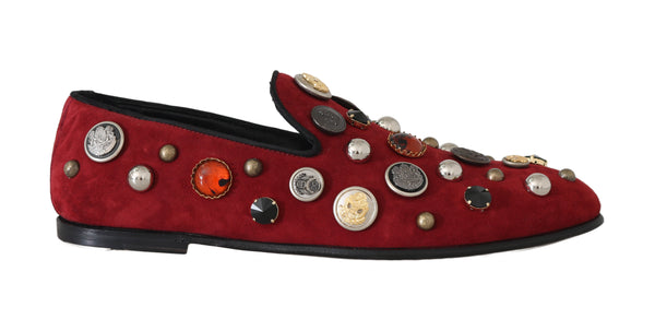 Red Suede Crystal Buttons Loafers