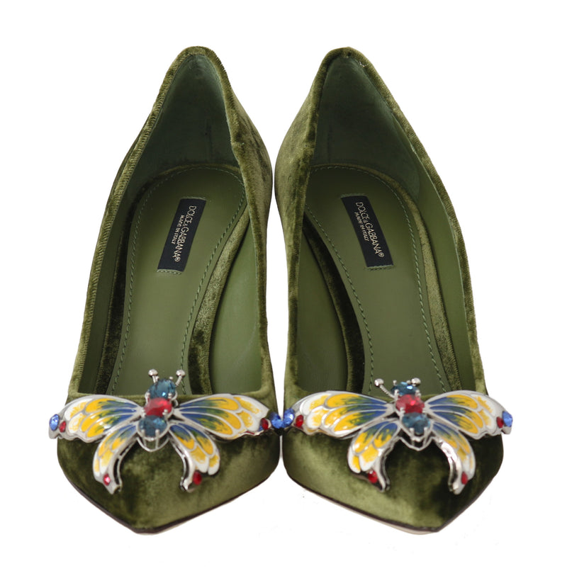 Green Velvet Crystal Butterfly Pumps