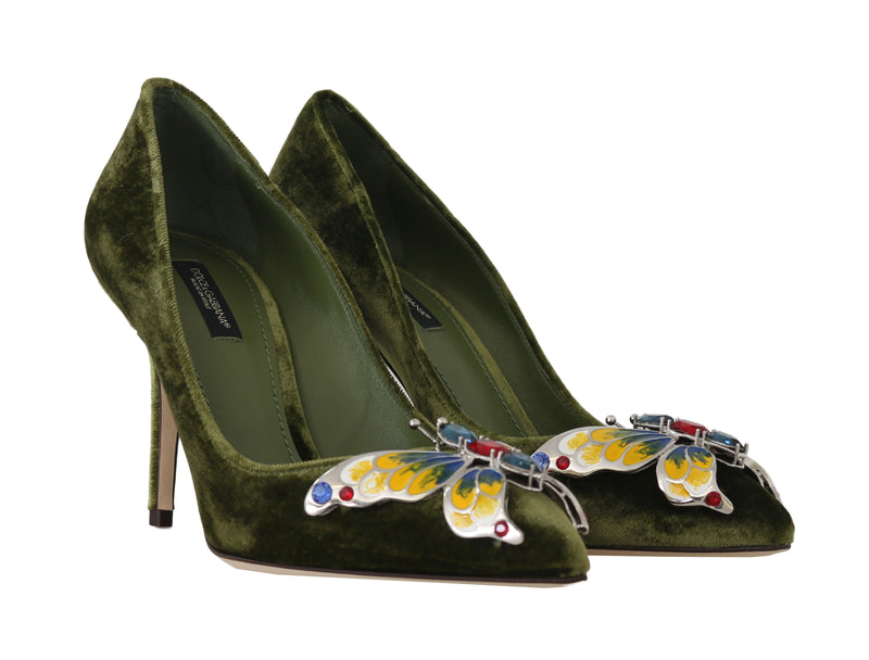 Green Velvet Crystal Butterfly Pumps