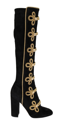 Black Suede Stretch Gold Boots