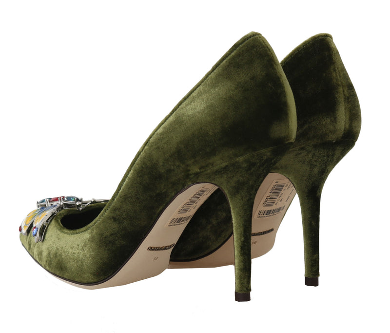 Green Velvet Crystal Butterfly Pumps