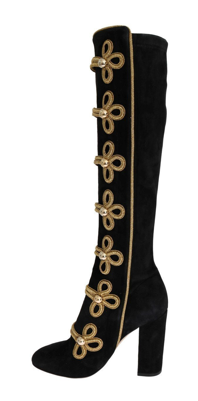 Black Suede Stretch Gold Boots