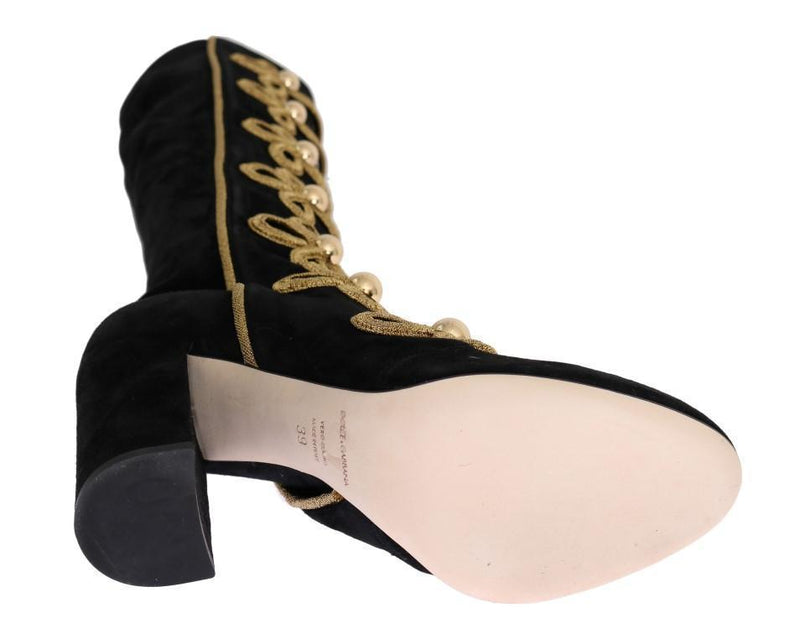 Black Suede Stretch Gold Boots
