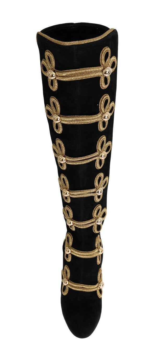 Black Suede Stretch Gold Boots