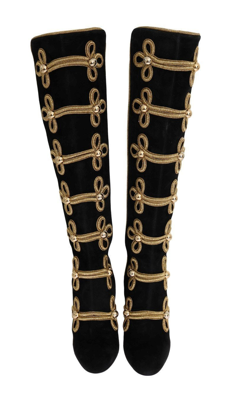 Black Suede Stretch Gold Boots